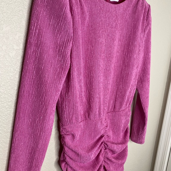 SAYLOR Sonja Hot Pink Glittering Ruched Long Sleeve Mini Dress / Barbie / Medium - Picture 6 of 8